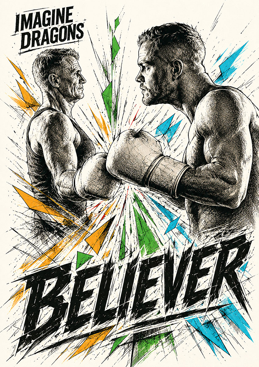Detailed ink-style illustration of two boxers facing off with Imagine Dragons Believer typography